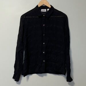 Chico’s Design 100% Rayon Black Embroidered Sheer Button-Up Shirt